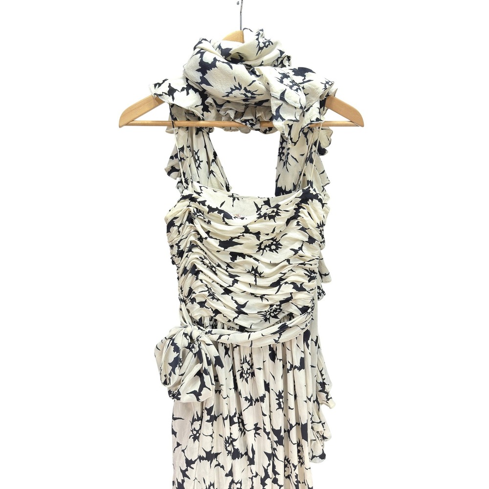 Oscar de la Renta Silk Strapless Floral Maxi Dress Scarf 6 Black White Vintage - Picture 6 of 15